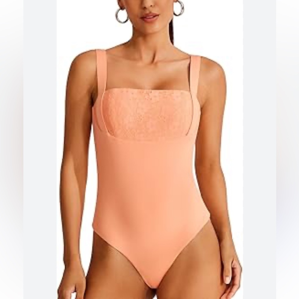 NWT REORIA Women's Square‎ Neck Sleeveless Sexy Lace Bodysuit Peach Size XL